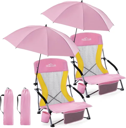 Miniatura 18 de Homcosan Silla de playa portátil baja plegable con paraguas desmontable, silla de campamento ligera para adultos con portavasos y bolsillo