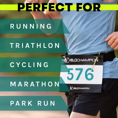 Miniatura 9 de VeloChampion Cinturón Riñonera para Correr – Ajuste Elástico Extensible para Triatlón, Maratón, Ciclismo y Soporte de Número de Carrera, Negro