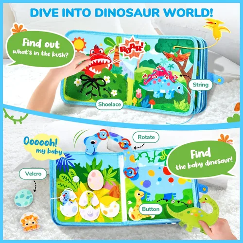 Miniatura 2 de JoyCat Libro Ocupado de Dinosaurios para Niños Pequeños, Tablero Ocupado para Niños de 2, 3, 4 y 5 Años - Juguete de Viaje Libro de Actividades