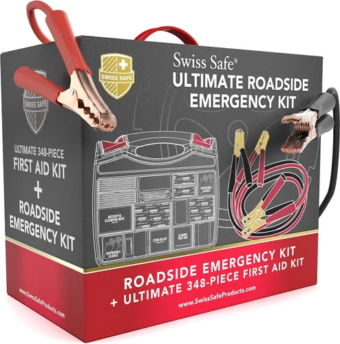 Miniatura 8 de Swiss Safe Kit de emergencia para automóvil 2 en 1 Cables de puente de alta resistencia de 12 pies y kit completo de primeros auxilios