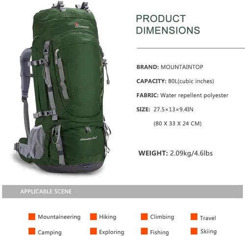 Miniatura 2 de MOUNTAINTOP Mochila de marco interno de 80L para hombre y mujer Mochila de senderismo con cubierta de lluvia Verde oscuro-80l