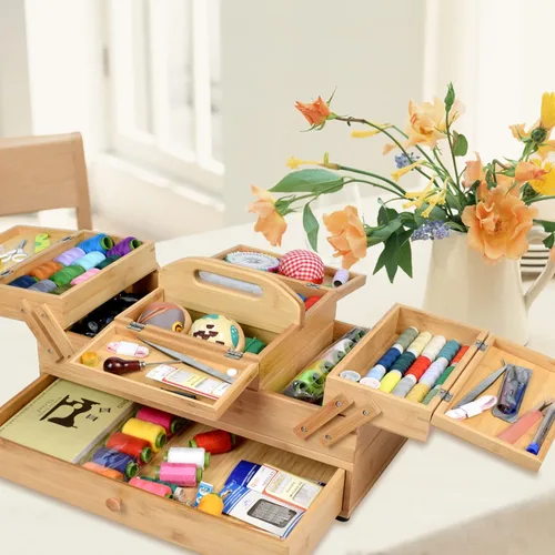 Miniatura 5 de Caja Organizadora de Costura de Madera para Suministros de Costura, Caja de Almacenamiento para Pasatiempos de Costura y Manualidades, 3 Niveles