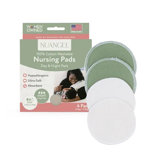 NuAngel Day & Night Almohadillas de lactancia reutilizables para lactancia materna, 100% algodón, día de 4 capas, protección nocturna de 8 capas