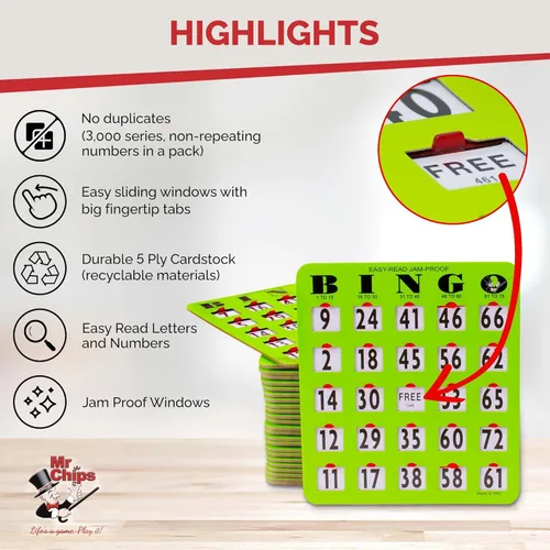 Miniatura 4 de MR CHIPS Juego completo de bingo con tarjetas obturadoras a prueba de atascos, edición verde de fácil lectura, 25 tarjetas de bingo reutilizables