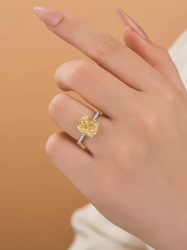 Miniatura 26 de Anillo de compromiso de corte cojín de 4 quilates para mujer, piedra blanca/amarilla grado 5A, circonita cúbica S925, plata, amarillo/blanco/oro rosa