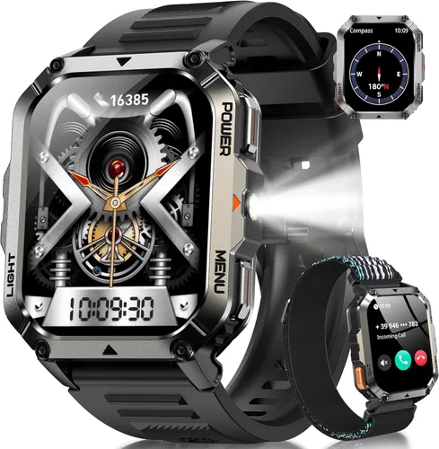 Miniatura 10 de Relojes inteligentes militares para hombres, reloj inteligente para Android iPhone con gran pantalla HD de 2.01 pulgadas, linterna, batería de 100
