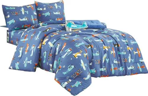 Miniatura 4 de Juego de edredón con estampado de aviones azules para niños, niñas y adolescentes. Ropa de cama tamaño individual para habitación de niños. Incluye