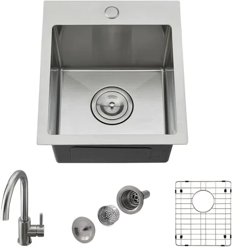 Miniatura 7 de Fregadero de barra con grifo, fregadero de barra húmeda de 13 x 15 pulgadas, montaje superior pequeño, hecho a mano, tazón único, fregadero