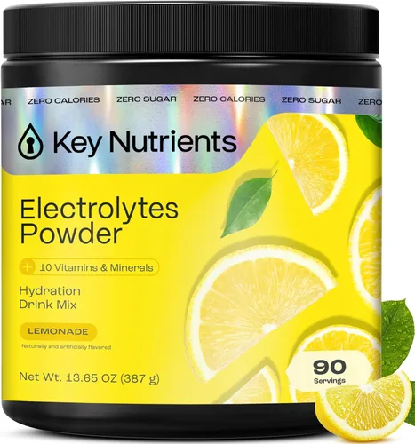 KEY NUTRIENTS Electrolitos multivitamínicos en polvo sin azúcar - Polvo refrescante de electrolitos de limonada - Suplemento de sodio y energía -