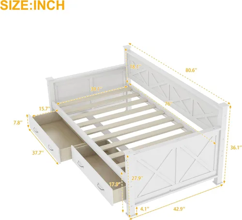 Miniatura 2 de Bellemave Marco de sofá cama individual con cajones de almacenamiento, plataforma de madera, sofá cama capitán para niños, dormitorio, sala de estar
