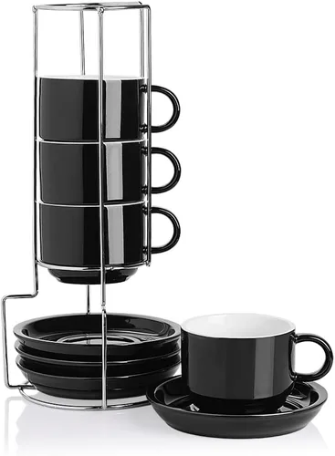 Miniatura 29 de Sweejar - Tazas de café de porcelana con platillos, tazas de capuchino apilables de 4 onzas con soporte de metal para bebidas de café, café