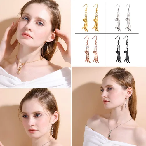 Miniatura 2 de Aretes U7 bañados en platino, con dije de gato y diamantes de imitación