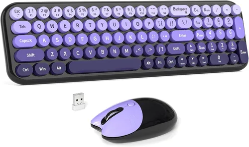 Miniatura 30 de MOWUX - Combo de teclado y mouse inalámbricos, máquina de escribir de tamaño completo, retro, redondo, lindo mouse óptico inalámbrico, Plug and Azul
