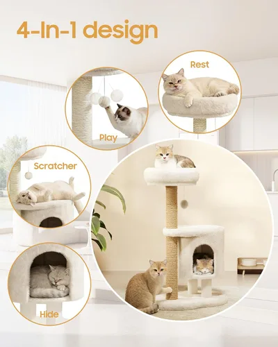 Miniatura 3 de Árbol para gatos, torre para gatos de 34.3 pulgadas con poste rascador, condominio, bola colgante interactiva, percha de felpa para gatos grandes