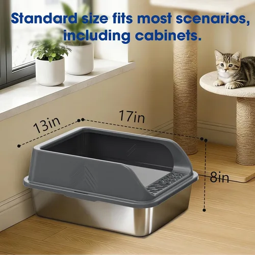 Miniatura 6 de Pequeña caja de arena de acero inoxidable con tapa para gatitos, cajas de arena de metal para gatos y conejos cerradas de alta cara para gatos