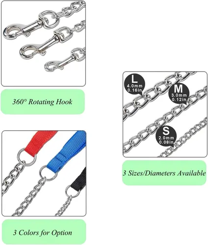 Miniatura 6 de Correa de cadena de metal chapado en cromo con mango acolchado suave para perros pequeños (S, mango negro)