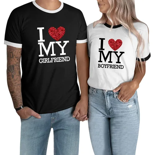 TSIPR Camiseta I Love My Girlfriend GF con texto en inglés "I Love My Boyfriend BF con purpurina y corazón a juego para parejas, regalos del día de