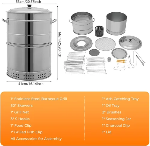Miniatura 6 de Parrilla vertical 2 en 1 para ahumar, barbacoa de carbón portátil de acero inoxidable sin humo de 360°, para barbacoa al aire libre, campamento