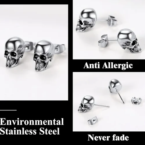 Miniatura 4 de Richsteel Aretes de calavera para mujer y hombre, góticos, de acero inoxidable, chapados en oronegro, pequeño aro punk de serpientedragón