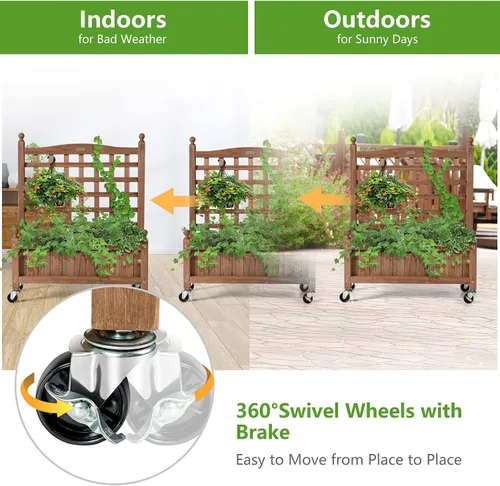 Miniatura 4 de Giantex Cama elevada móvil para plantas, maceta de madera con enrejado y ruedas, caja de flores para escalada de plantas, jardín vertical