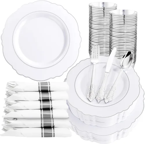 Miniatura 9 de Liacere 350 platos de plástico dorados, platos desechables blancos y dorados, vajilla de plástico barroco para 50 invitados, incluye 100 platos, 50