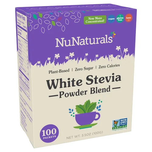 NuNaturals Paquetes de polvo de stevia blanca, de una sola porción, sustituto de azúcar sin calorías, 100 unidades
