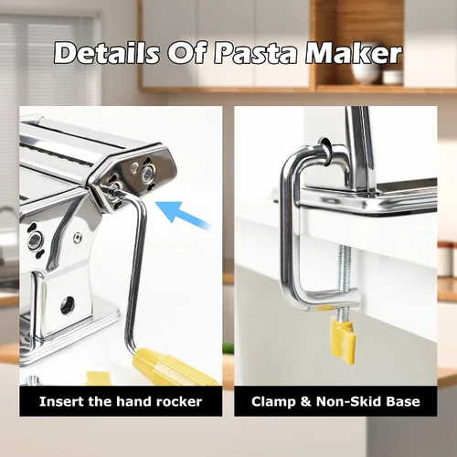 Miniatura 4 de Máquina manual para hacer pasta, rodillo y cortador de pasta con 7 ajustes de grosor ajustables, máquina de fideos de acero inoxidable con mango