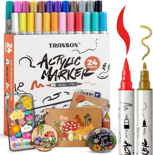 Miniatura 12 de TRANSON Juego de rotuladores de pintura acrílica de doble punta fina y brocha de 12 colores para lienzo, roca, madera, cuero, cerámica, pintura DIY