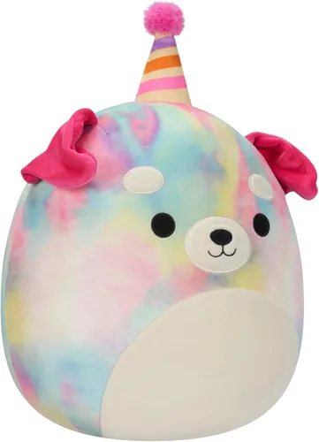 Miniatura 2 de Squishmallows Original de 12 Pulgadas Delenne The Rainbow Perro Tie-Dye con Sombrero de Fiesta - Peluche Oficial de Jazwares "Happy Birthday" Perro