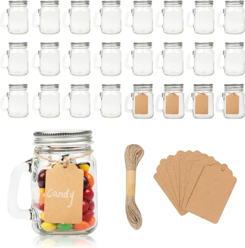 Tazas pequeñas de 4 onzas con asa, paquete de 24 mini tarros de vidrio con tapas de metal herméticas, tazas de vidrio vacías con etiqueta de regalo
