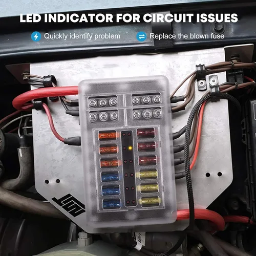 Miniatura 9 de Kohree - Bloque de fusibles de hoja de 12 vías de 12 V, soporte de caja de fusibles automotriz de 12 voltios, impermeable con indicador LED de panel