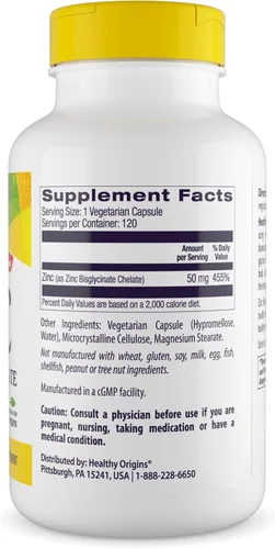 Miniatura 2 de Healthy Origins Quelato de bisglicinato de zinc de 50 mg, 120 cápsulas vegetales – Con Albion Minerals TRAACS High Biodisponibilidad Complex, apoya
