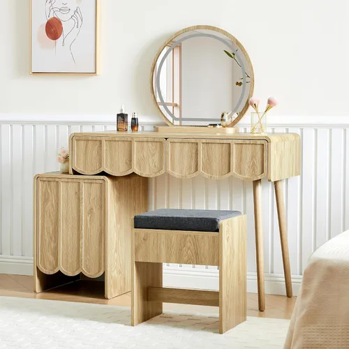 Miniatura 8 de ORRD Escritorio de tocador con espejo y luces, juego de escritorio de tocador moderno de panel de madera ondulada, mesa de maquillaje con cajones
