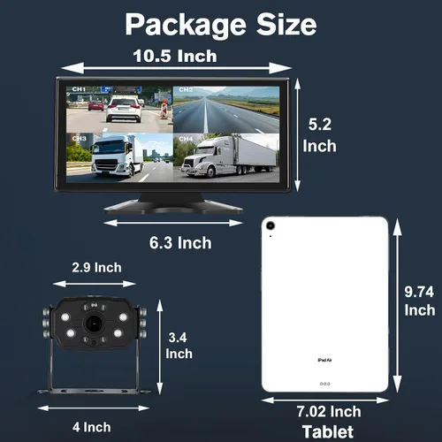 Miniatura 3 de Sistema de cámara de respaldo con 4 cables para camión RV, monitor de pantalla táctil de 10.36 pulgadas con 4 cámaras 1080P, alerta BSD inteligente