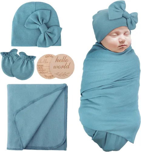 Miniatura 12 de AQOKKA Manta de Recepción para Recién Nacido con Gorro de Lazo Mitones Juego de Tarjetas de Madera para Recién Nacidos Niños Pequeños Bebé Niño Niña