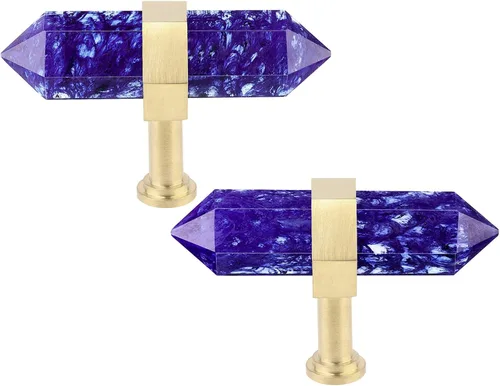 Miniatura 7 de 2 pomos hexagonales de cristal amatista para cajones con tornillos, barra en T, tiradores de piedra de latón cepillado para gabinete, cocina