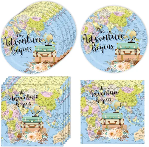 Adventure Awaits - Decoraciones de fiesta para aventuras del mundo que espera, mapa, suministros de fiesta, viajes, decoración de fiesta, platos de