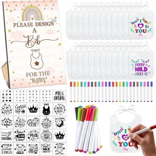 Miniatura 14 de Panitay Kit de decoración de 100 baberos para bebé, 50 baberos blancos, 25 plantillas, 24 marcadores de tela, 1 letrero de juego para baby shower