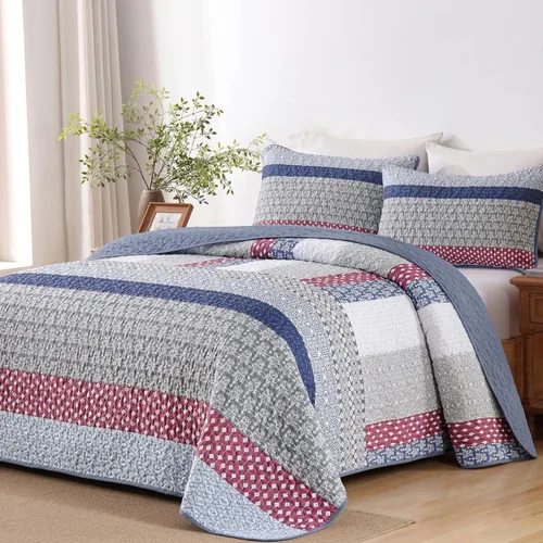 Miniatura 11 de WONGS BEDDING Juego de edredón beige tamaño individual, juego de edredón de rayas bohemias de 3 piezas, juego de colcha acolchada de microfibra