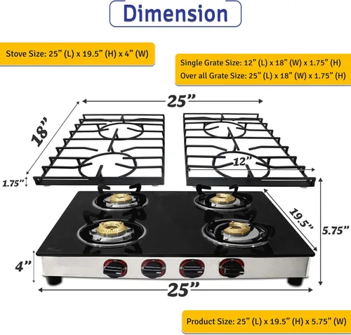 Miniatura 2 de Estufa de gas de 4 quemadores – Estufa de encimera de vidrio templado negro de 25 pulgadas, estufa de gas inoxidable, 4 quemadores, estufa de rv