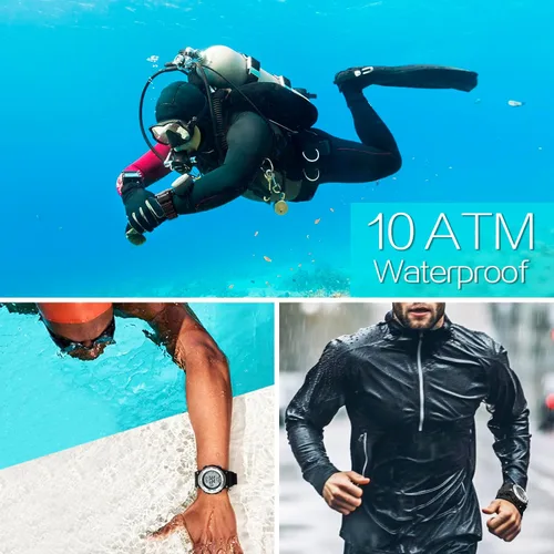 Miniatura 2 de Reloj deportivo digital para hombre, 10 ATM, 330 pies, impermeable, con luz de fondo, despertador, cronómetro, calendario, pantalla de doble hora