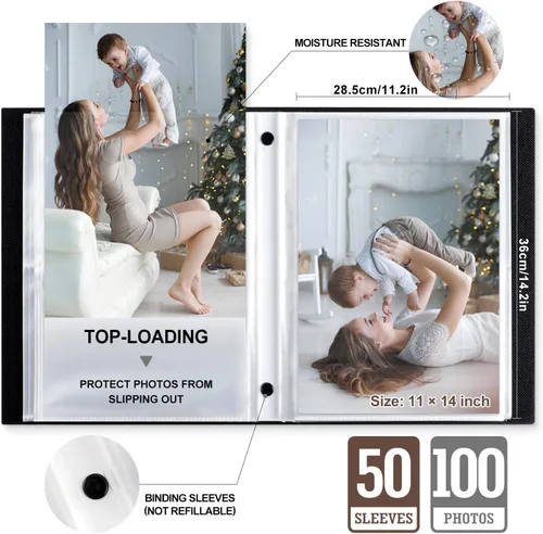 Miniatura 4 de Lanpn Álbum de fotos de 11 x 14 pulgadas, tapa dura de lino, sin ácidos, deslizante, en fundas para álbumes de fotos con capacidad para 100 imágenes