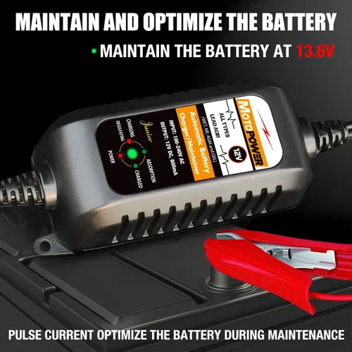 Miniatura 5 de MOTOPOWER MP00205A Cargador de batería automático de 12 V 800 mA, mantenedor de batería, cargador de goteo y desulfatador de batería, paquete de 2