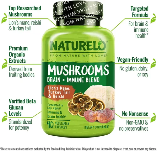 Miniatura 4 de NATURELO Cápsulas de suplemento de hongos, 90 unidades, apoyo para el cerebro y el sistema inmunológico, aptas para veganos, cápsulas de suplemento