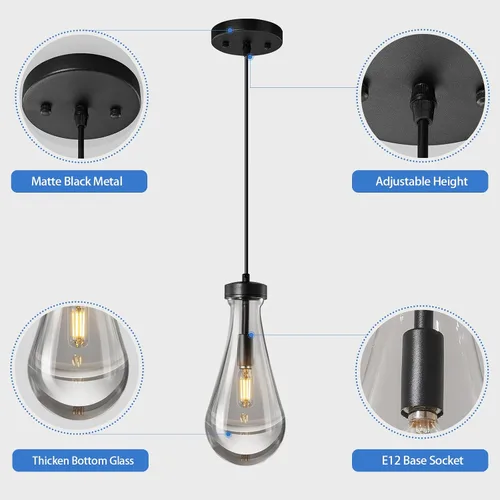 Miniatura 7 de Lámparas colgantes en forma de gota de lluvia para isla de cocina, juego de 3 lámparas colgantes en forma de lágrima, negras, accesorios de Negro