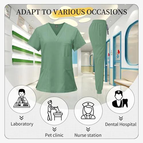 Miniatura 4 de VIAOLI Conjunto de ropa quirúrgica clásica con cuello en V y pantalón deportivo de yoga, uniforme médico de enfermería para mujer, conjunto
