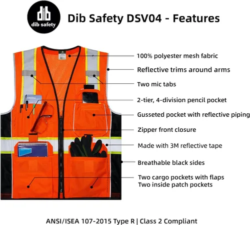 Miniatura 4 de Dib Safety - Chaleco reflectante de alta visibilidad con bolsillos de malla, cremallera y hecho con cinta 3M Naranja