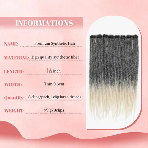Miniatura 4 de Extensiones de cabello con clip de 16 pulgadas, extensiones de rastas sintéticas de color negro a bolnde de 16 pulgadas, 8 piezas de 32 hebras