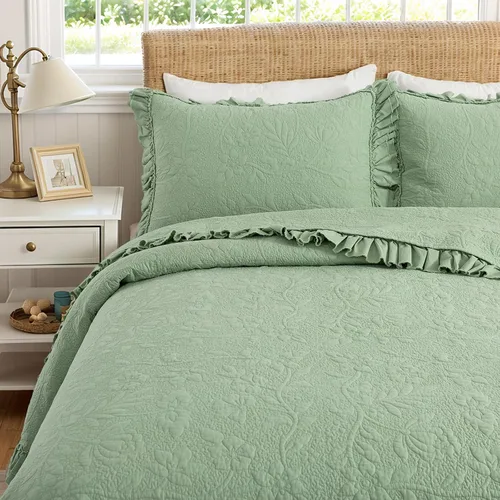 Miniatura 12 de Brandream Juego de Edredón Tamaño Queen de Algodón Beige con Estampado Floral y Enredaderas Matelassé Juego de Colcha con Volantes 3 Piezas