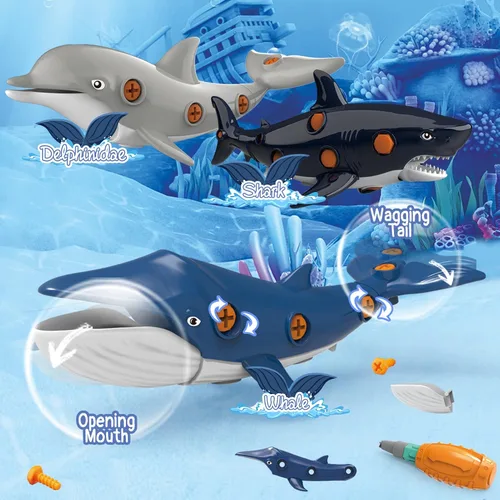 Miniatura 2 de KAEGREEL Juguetes de tiburón desmontables para niños, juguete de peces oceánicos desmontables con destornilladores eléctricos, juguetes